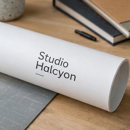 Glossy white round shipping tube with a full-color printed brand logo holding a premium print