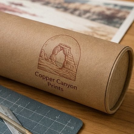 Printed natural kraft mailing tube with a brand logo and plastic end caps holding a rolled poster