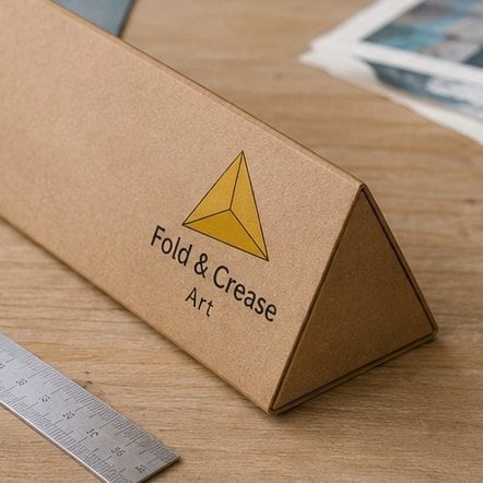 Triangular poster tube with a printed brand logo, stackable and space-saving for shipping