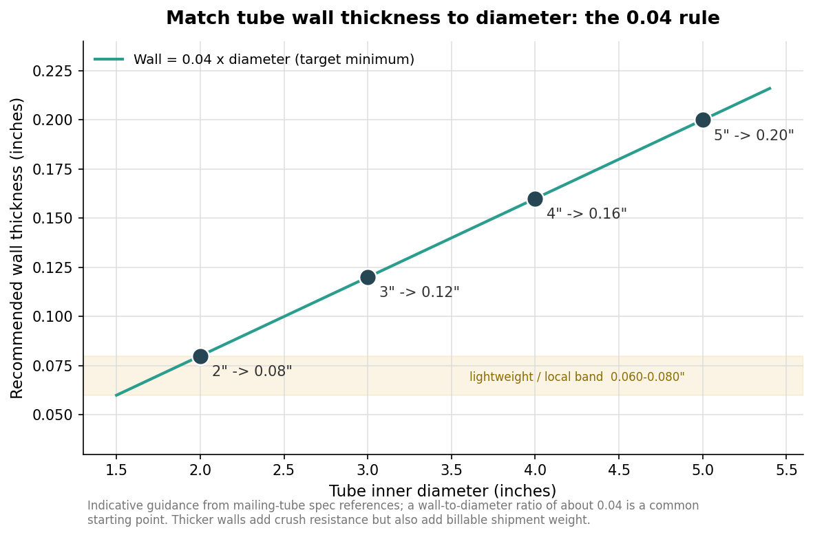 Scatter chart plotting recommended mailing-tube wall thickness against tube inner diameter, following a wall-to-diameter ratio of about 0.04