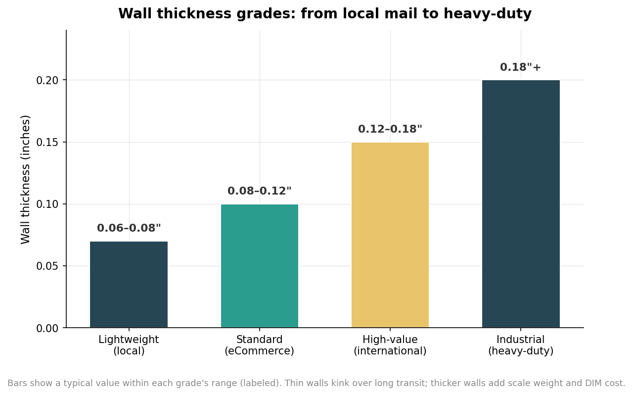 Bar chart of mailing tube wall thickness grades from 0.06-0.08 inch lightweight to 0.18 inch-plus industrial
